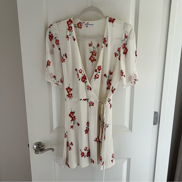 Reformation Lucky Wrap Mini Dress Magdalena Cream White Floral V-neck | Small - Picture 4 of 14